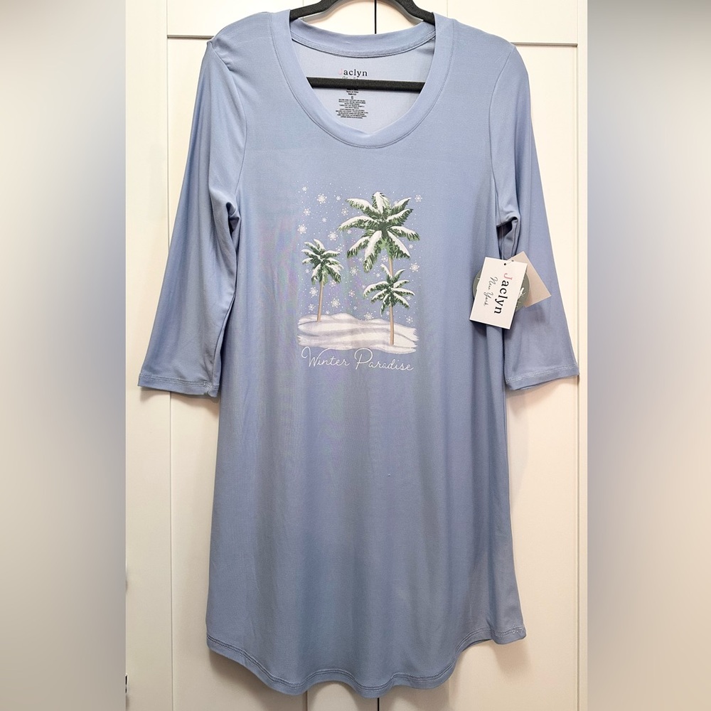 Blue Pajama Shirt Dress With Winter Paradise Logo Palm Tree Print Sz SM NEW!